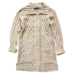 VTG Aran Crafts Merino Wool Sweater Sz XS Ireland Cable Knit Full Zip Cardigan